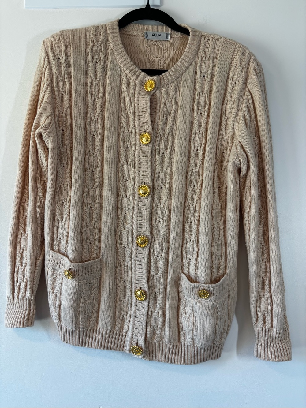 Vintage Celine Beige Cable Knit Gold Triomphe Button Cardigan Sweater, 36/US 4